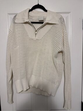 Varley Cream Open-Knit Zip Polo Sweater